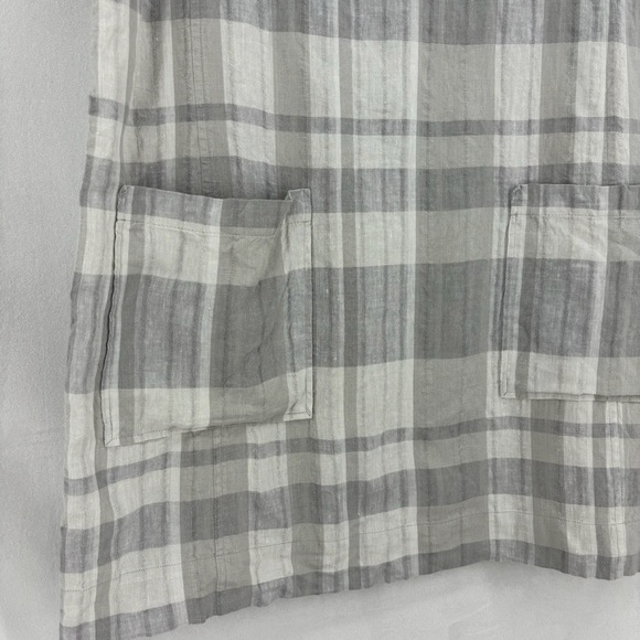 Eileen Fisher Women’s Large Cream Gray Plaid Linen Pockets Mini Dress Sheath - Picture 5 of 10